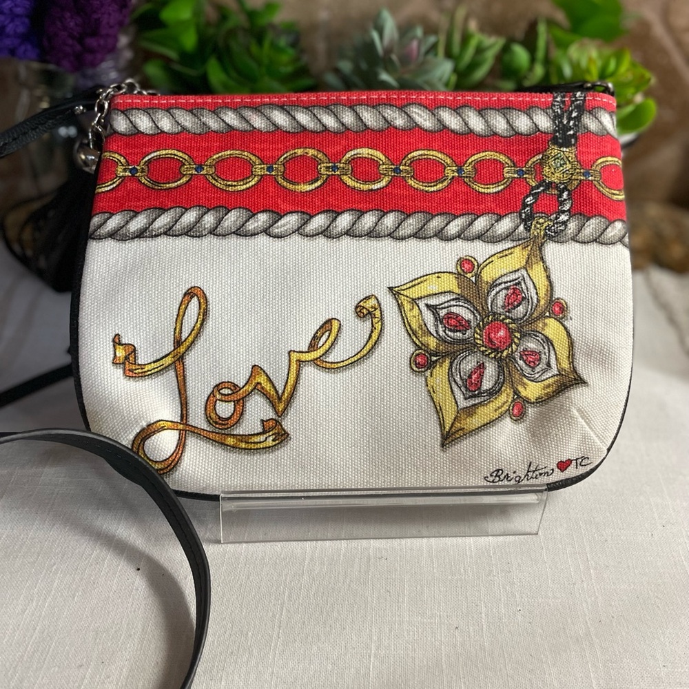 Brighton Love Glitter & Go White Red Gold Canvas with Tassel Crossbody Bag